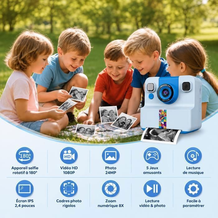 Appareil Photo Instantané Pour Enfants – Avec Impression Sans Encre, 32GB, Jeux Et Vidéo 1080P | Cadeau Créatif 3-14 Ans