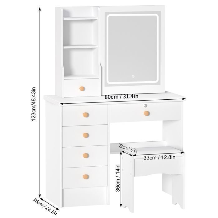 Coiffeuse Avec Miroir éclairé Coulissant - 6 Tiroirs Et étagères - Bureau Maquillage Blanc - Tabouret Inclus