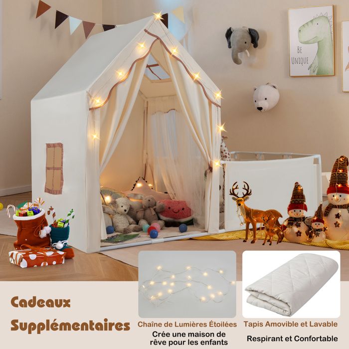Tente De Jeu Pour Enfants Avec Guirlande étoiles - 121x101x137 Cm, Tapis Lavable, Poches - Cabane Intérieure Pour 3-4 Enfants, Style Princesse