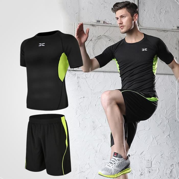 Ensemble de Vetement Sport Homme 2 Pieces Marque Fitness Running Ete Vert