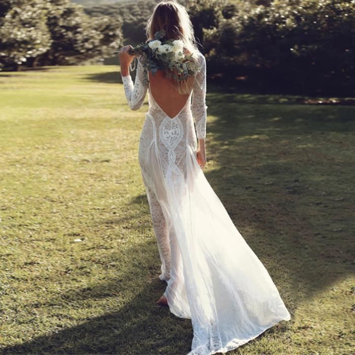 Robe de mariee dos nu en dentelle a manches longues Blanc Adulte Femme Blanc Cdiscount Pret a Porter