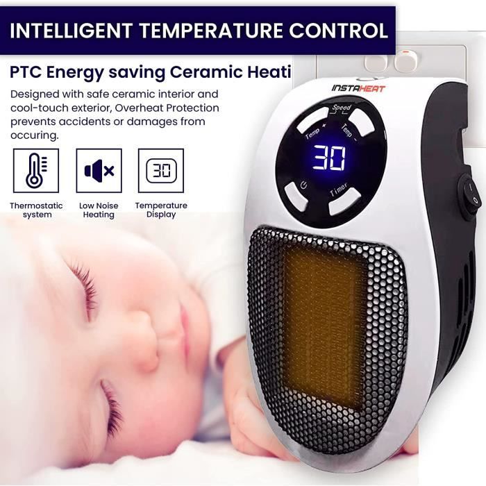 Insta Heat 500W Chauffage D'Appoint Céramique Portable - Radiateur Soufflant Programmable Avec Télécommande