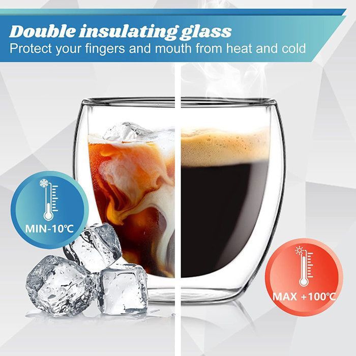 6 Tasses à Expresso Double Paroi + Cuillères - Verre Borosilicate 80ml - Pour Café Chaud Ou Glacé