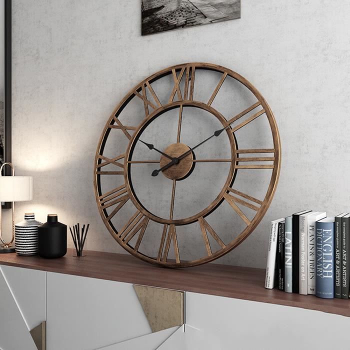 Horloge Murale Engrenage Industriel Noir Chiffres Romains 70cm à Prix