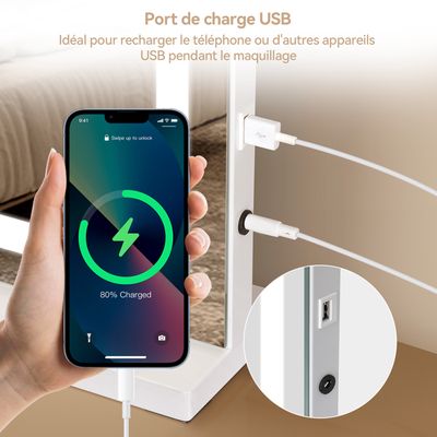 Miroir Maquillage Hollywood Bestope Pro 60x35cm - LED Réglable - Organisateur Et Charge USB