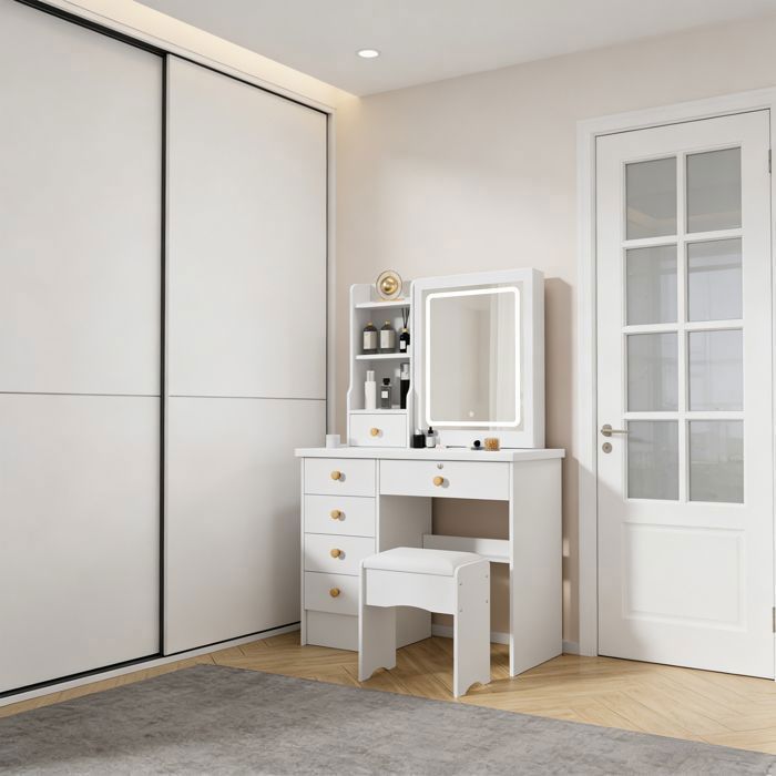 Coiffeuse Avec Miroir éclairé Somerway - 6 Tiroirs, étagères, Tabouret, Dimensions 80x36x132 Cm