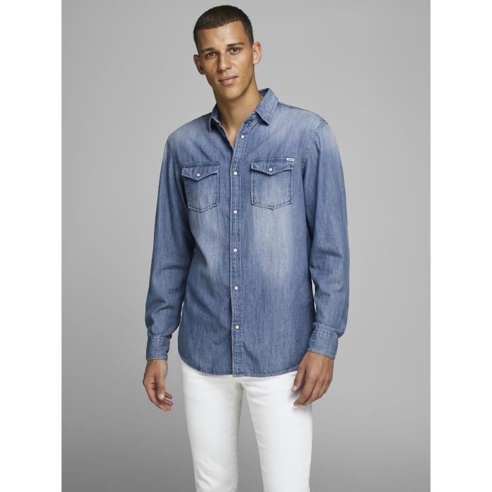 Chemise en jean homme JACK JONES Denim Bleu Moyen Manches longues Col chemise Regular Bleu Cdiscount Pret a Porter