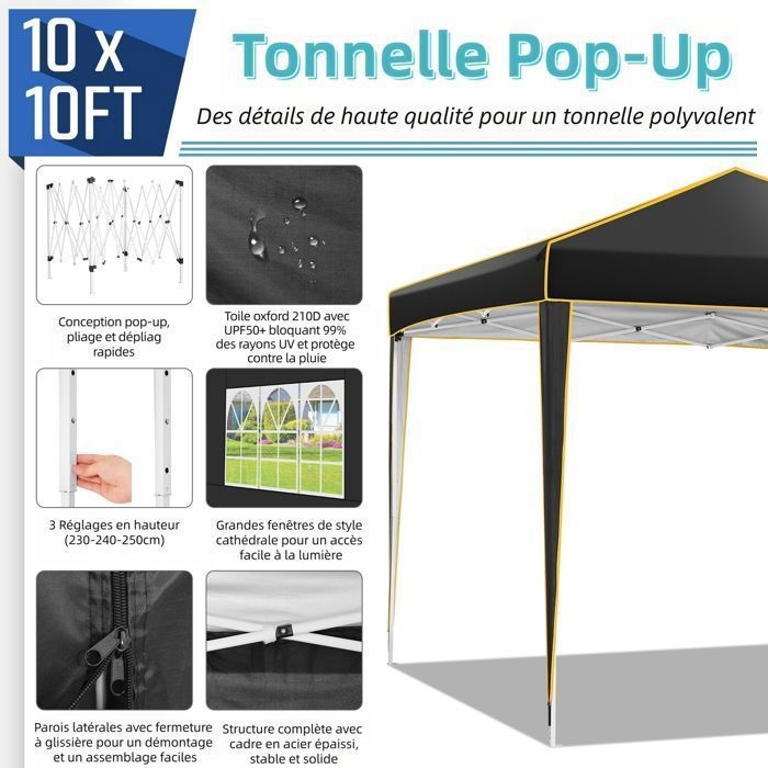 Tonnelle De Jardin Pop-up 3x3m HOMEDEMO - Imperméable, Anti-UV, 4 Parois - Montage Rapide 1 Minute, Pliable