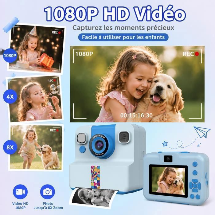 FUNKAM Appareil Photo Enfant Instantanée - 2,4 HD 1080P - avec Carte SD 32 GB, 5 Marqueurs