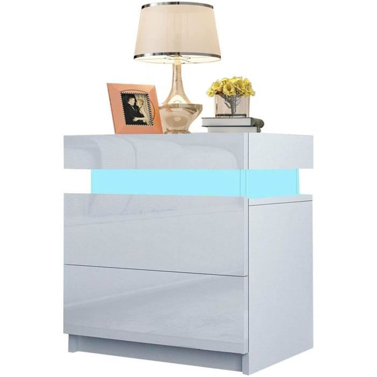 Table de Chevet Blanc Table de Nuit Moderne, 2 Tiroirs, LED RGB