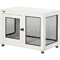 Cage pour chien sur pied style industriel - 2 portes verrouillables, coussin inclus - acier maillé noir panneaux aspect bois blanc