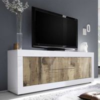 Meuble TV 2 portes 2 tiroirs Blanc/Planches bois - MATERA - L 210 x l 43 x H 66
