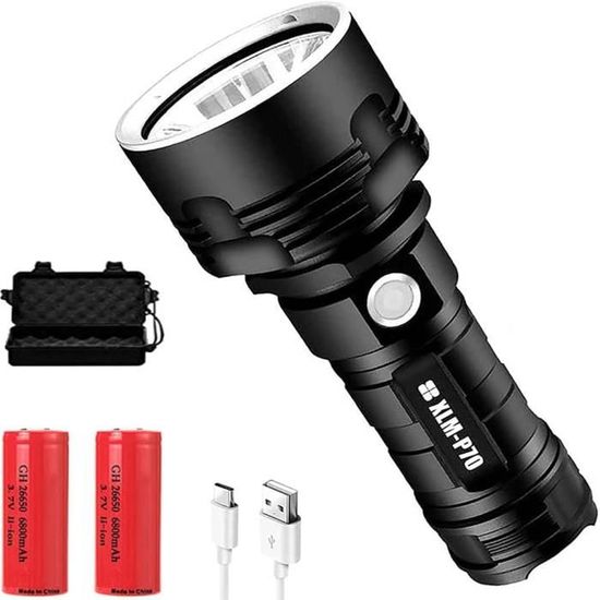 Lampe Torche LED 600000 Lumens, Rechargeable USB, Ultra Puissante, Noire - Neuf