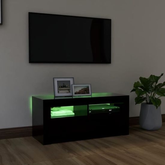 (804320) Meuble TV VINGVO - Noir - 90x35x40 cm - LED RVB - Porte et tiroir - Contemporain
