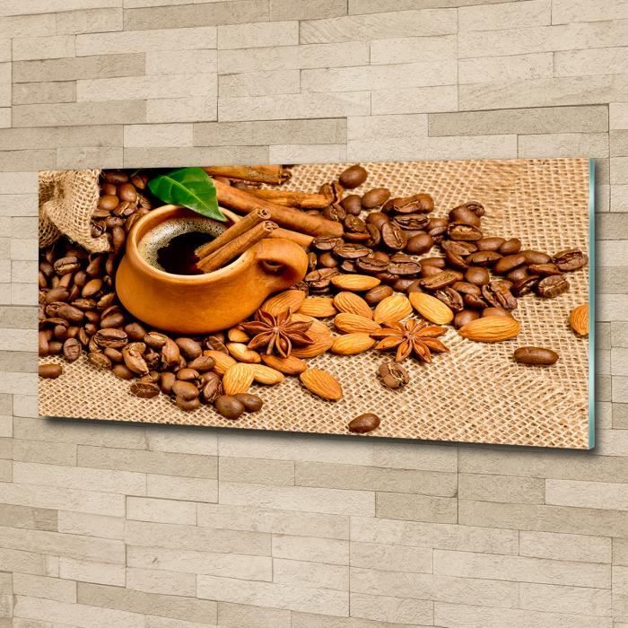 Tulup 125x50cm Tableau sur verre acrylique- Nourriture boissons - Grains De Café Une Tasse - Brun