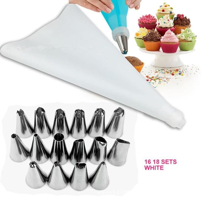 Pochettes à pâtisserie réutilisables en Silicone Ensemble de 18 pièces pointes de cuisine bricolage 16 buses de - Type White