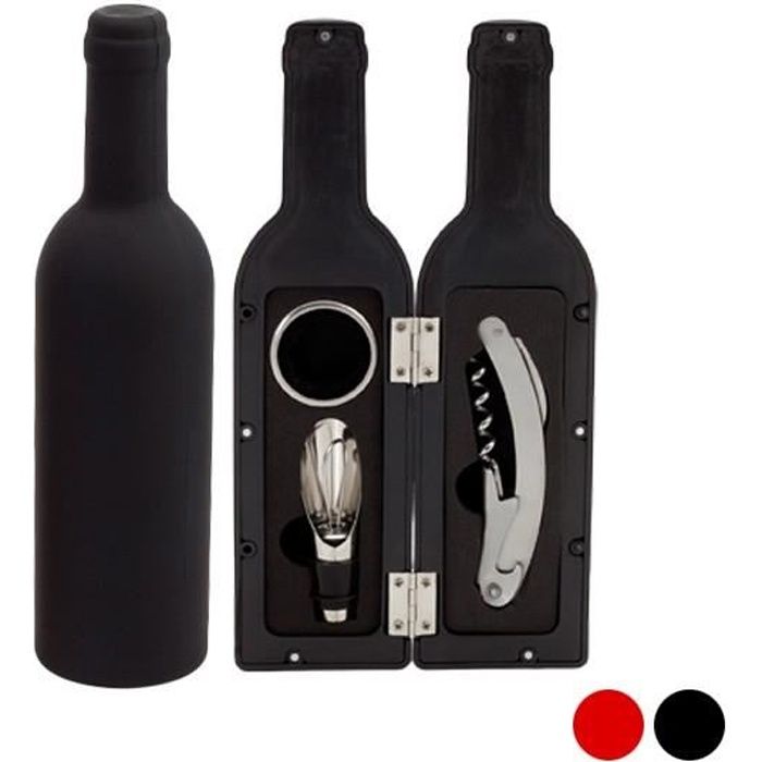 Coffret Accessoire Vin en forme de Bouteille de Vin Noire : Tire Bouchon, Bec verseur et Bague anti gouttes en Acier Inoxydable