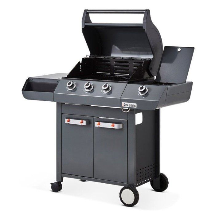 Barbecue gaz BRASERO Emma Gun Metal - 3 Feux + 1 Latéral - FlexiGrill - Surface de cuisson 57x41,5 cm - 2 Tablettes -Gris Métallisé