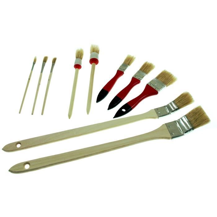 Lot de 10 pinceaux Plats Rond et recourbé Poils naturels et manche bois
