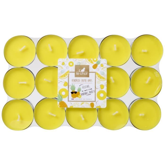 LE CHAT Lot de 30 bougies chauffe-plats Vendredi entre amis - Ø 3,8 cm - Parfum : ananas - Couleur : jaune