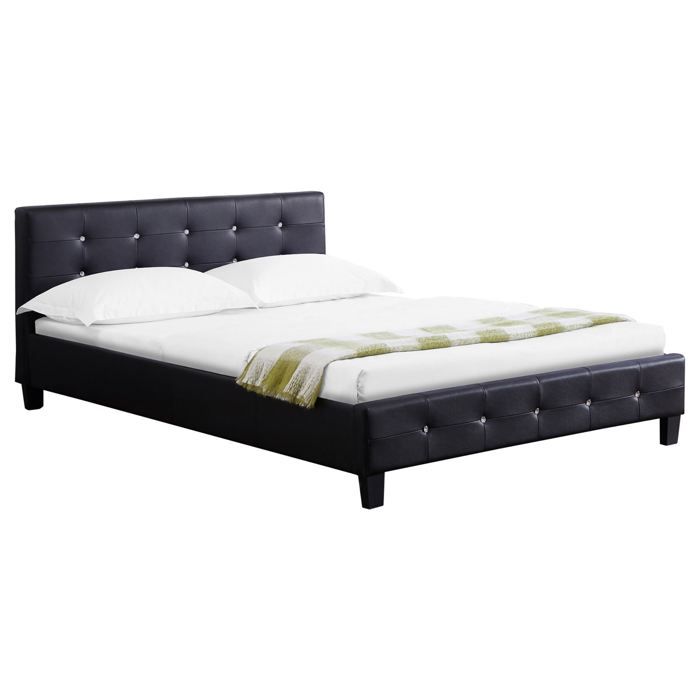 Lit double pour adulte JOSY avec sommier 140x190 cm 2 places, tête et pied de lit capitonnés avec strass, en synthétique noir