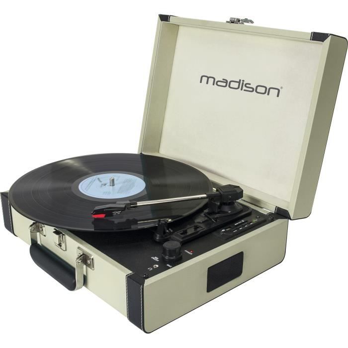 MADISON MAD-RETROCASE-CR - Platine vinyle 33/45/78 tours - Fonction d'enregistrement USB & SD - Bluetooth - Haut-parleurs intégrés