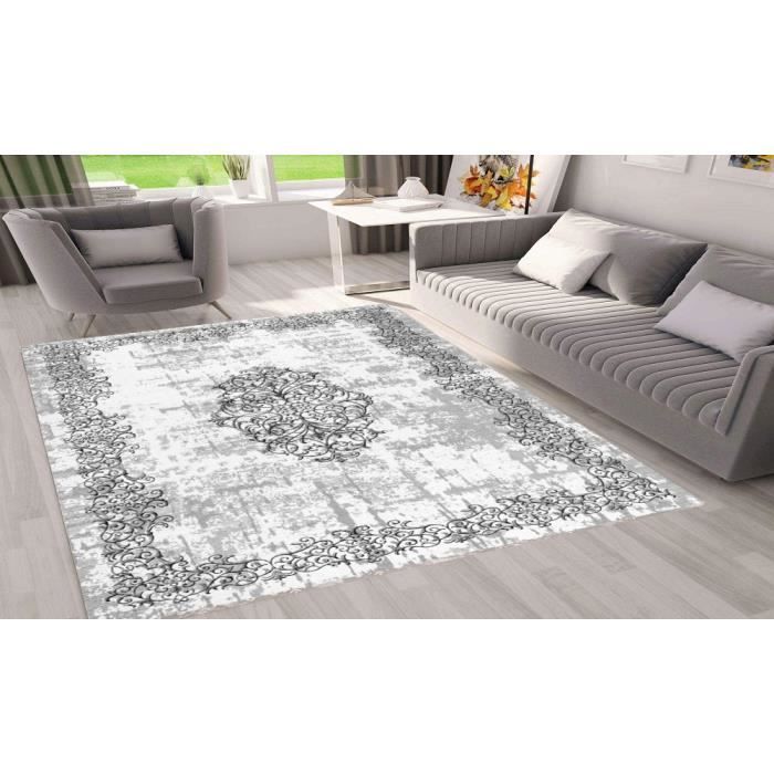 Tapis style Baroque Gris, Antidérapant et Lavable en machine
