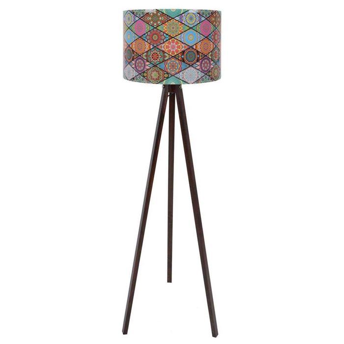 Lampadaire trépied Luca 145cm Tissu Motif Losange mandala Multicolore et Bois Noir
