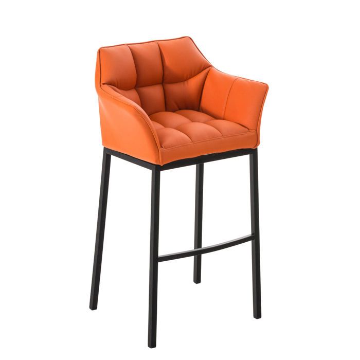 Tabouret de bar chaise haute de comptoir couture carrees assise en PVC orange 4 pieds stables en metal noir 10_0004688