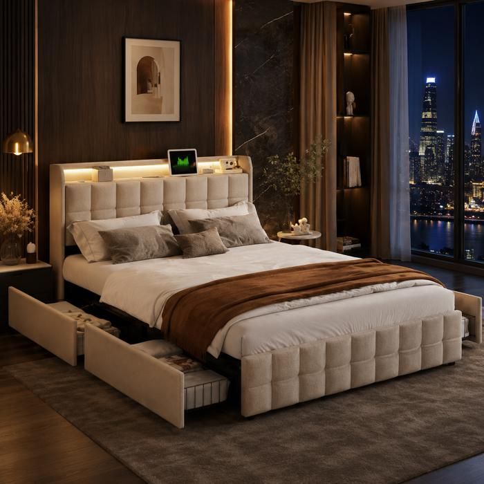 160x200 cm Beige lit double coffre en linge cadre de lit avec base de bande lampes LED USB et tiroirs de stockage sans matelas