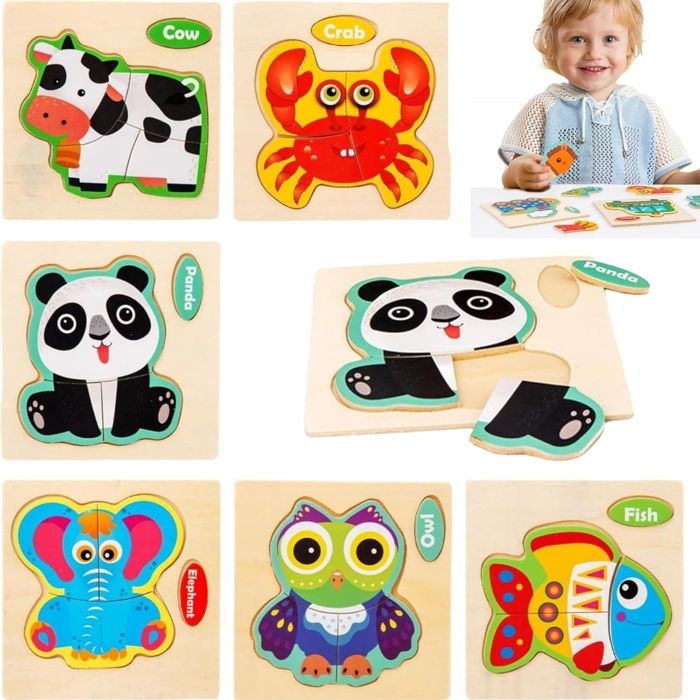Puzzle Bois Animaux 12 Pièces – Jeu Montessori 3D Pour Bébé – Cadeau Éducatif Fille Garçon 1 2 3 Ans – Formes Et Couleurs