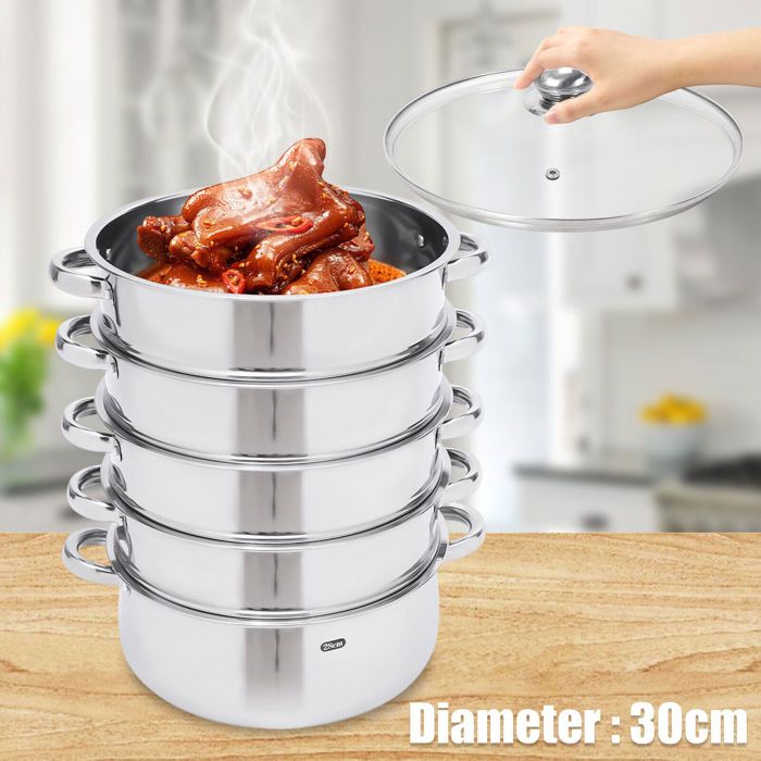 Pot à Vapeur à 5 Couches (30cm) - Cuiseur Vapeur en Acier Inoxydable avec Couvercle en Verre - pour Cuisson à Vapeur CUIT VAPEUR