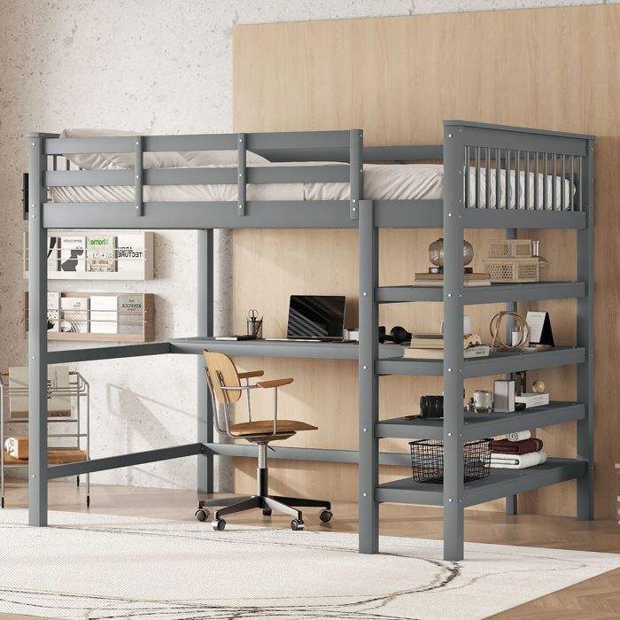 Lit Mezzanine140x200 - avec Bureau et Étagères - lit double - Nombreux compartiments rangement - Barrières sécurité - lit ado - Gris