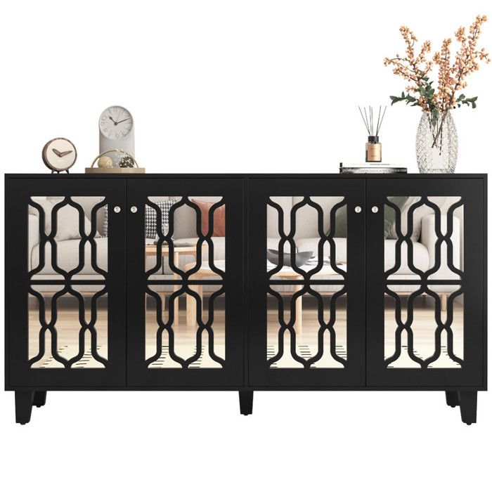 Buffet Noir Miroir avec Poignées en Cristal Meuble de Rangement avec 4 Portes étagères Réglables Buffet Salle à Manger 160x40x84cm