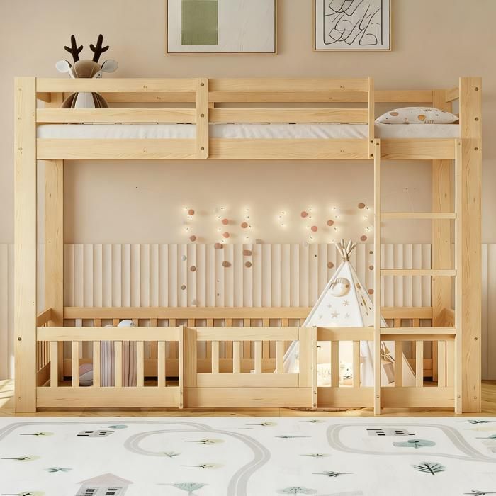 Lit Superposé Enfant 90x200 Scandinave Bois Naturel avec Barrière de Sécurité et Porte Lit Enfant Mezzanine avec Espace Rangement