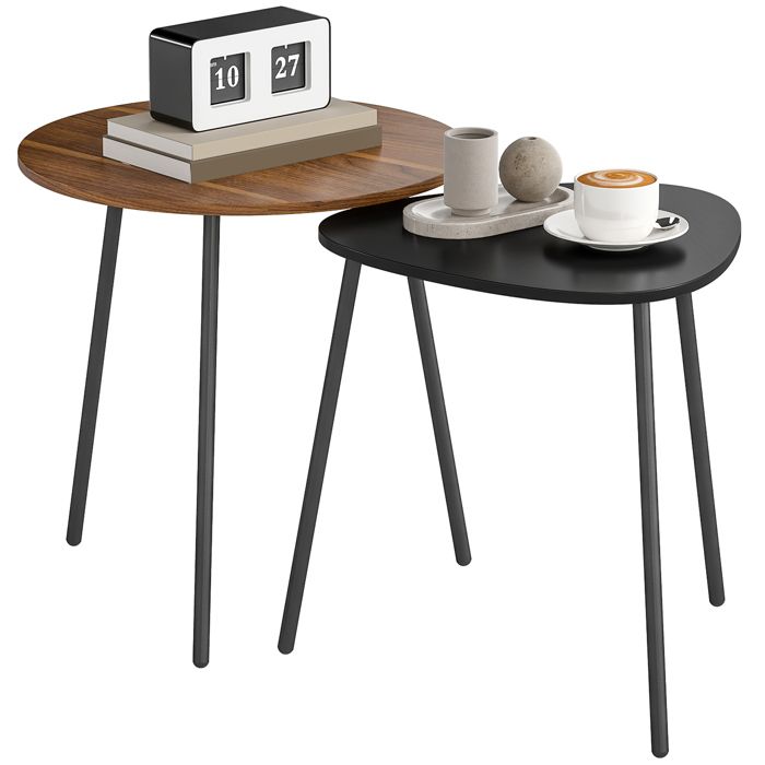 Lot de 2 tables basses gigognes - HOMCOM - style contemporain - cadre en métal - en forme ronde et triangulaire - noyer et noir