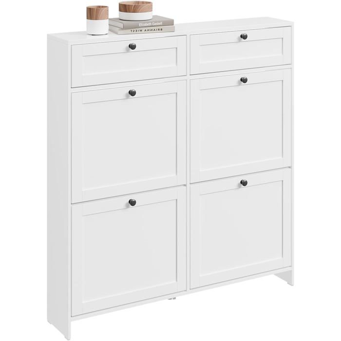 Meuble à chaussures - SOBUY - 2 tiroirs - 4 portes rabattables - 12 paires - 100x19x107 cm - Blanc - MDF E1 Meuble à chaussures - SOBUY - 2 tiroirs - 4 portes rabattables - 12 paires - 100x19x107 cm - Blanc - MDF E1