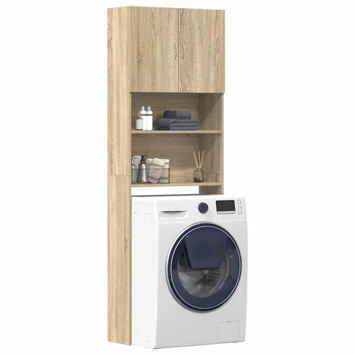 Meuble pour machine à laver - Happiness - Chêne sonoma - 64x24x190 cm - 2 portes - 2 compartiments ouverts