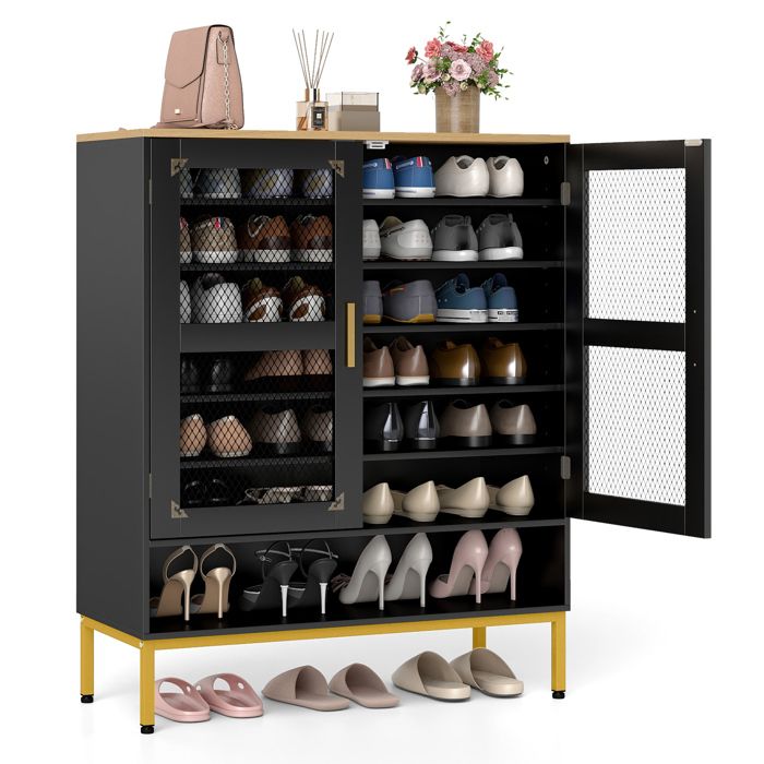 COSTWAY Meuble a Chaussure à 7 Niveaux - Portes en Maille 5 Étagères Réglables Pieds en Métal pour Entrée Couloir Salon Noir COSTWAY Meuble a Chaussure à 7 Niveaux - Portes en Maille 5 Étagères Réglables Pieds en Métal pour Entrée Couloir Salon Noir