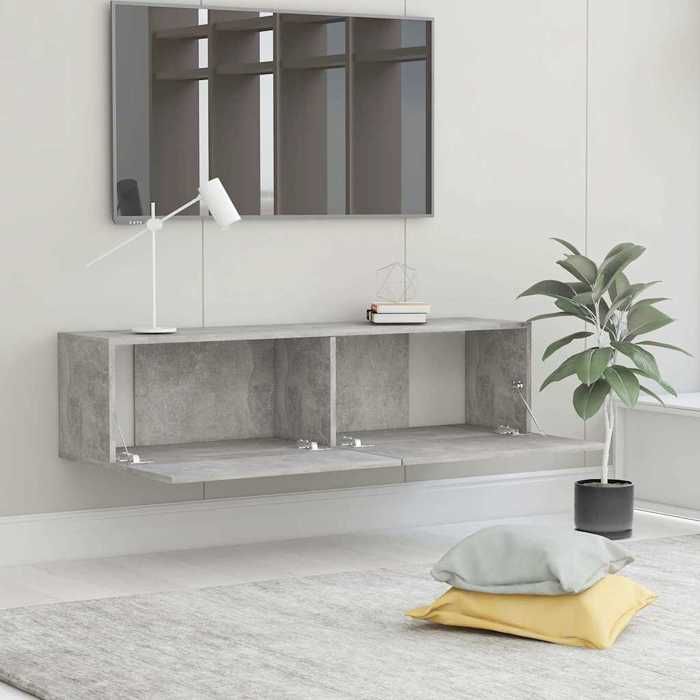 Meuble TV suspendu gris béton - MEUBLECHIC - 120x30x30 cm - Bois dingénierie - Gris béton - 2 compartiments
