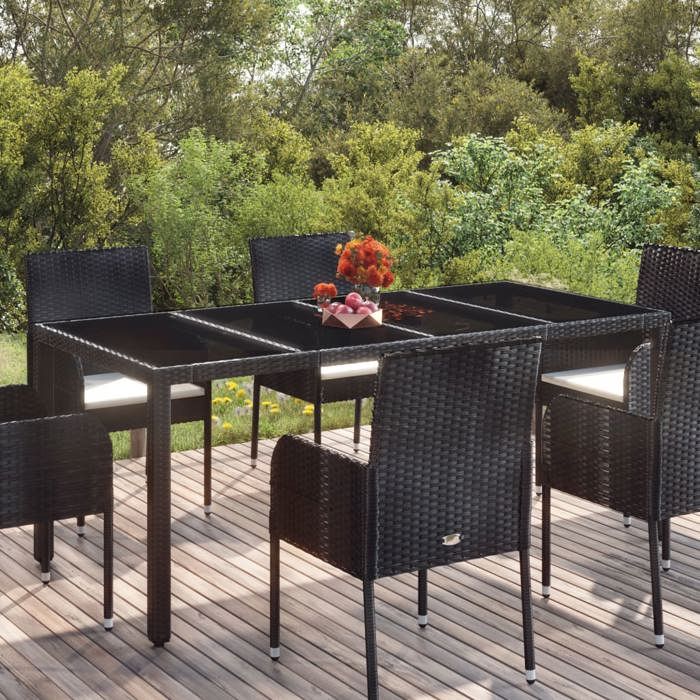 Soldes printemps Table terrasse - Noir - Table de jardin - 1 PC - dessus en verre - Noir 190x90x75cm Résine tressée T192