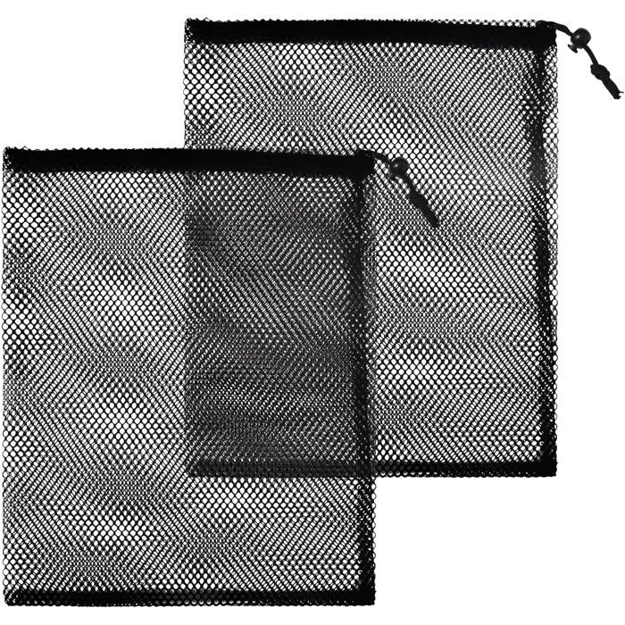 2 Sac à cordon Maille nylon Fermeture rapide Noir 30x40cm Plage piscine sport