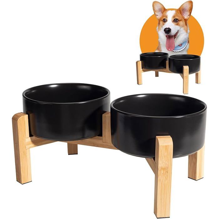 Gamelle pour Chien Surélevée Ceique - Double Gamelle Chien Surelevee avec Support en Bambou - Set de Bol Chein pour Noir M  GAMELLE