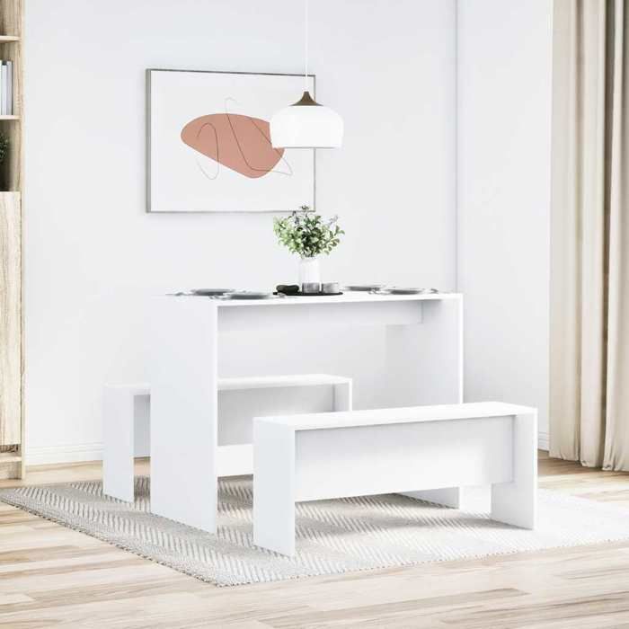 Promo étéEnsemble table à manger et bancs (3pcs)- SWEETY - Set de 3 Pièces pour Salle à Manger - blanc - Bois dingénierie 97x47x7