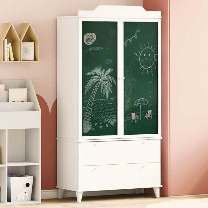 Armoire de rangement Blanc - Armoire Tableau Noir avec tiroir ROROS Blanc 90x45x180 cm A15711