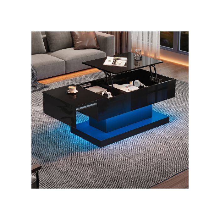 Table basse relevable noire 100x50 cm avec rangement éclairage LED et coulissant latéralement