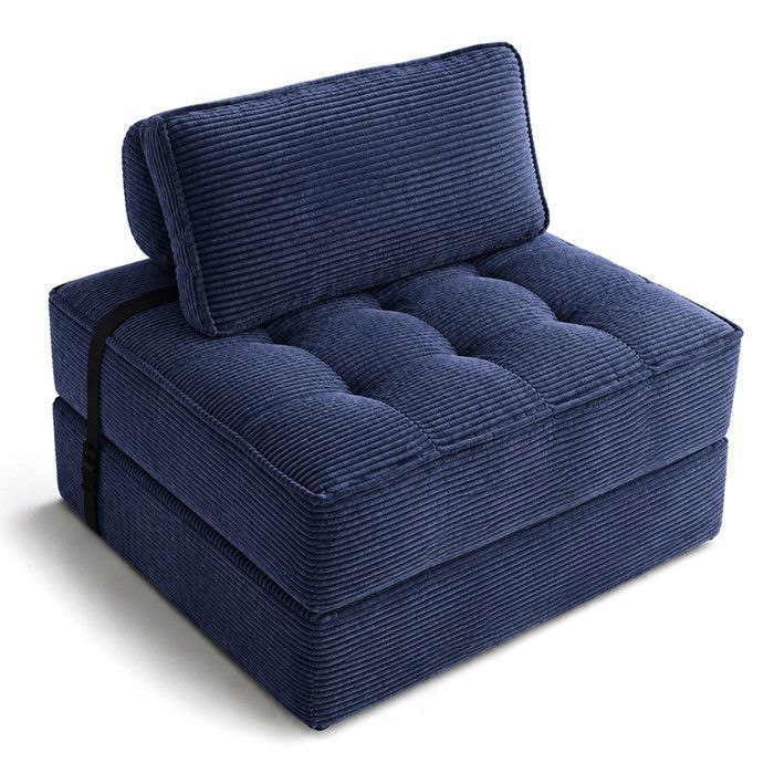 Fauteuil convertible chauffeuse 3-en-1 WEVALLEY Canapé-lit pliable 1 place Mousse mémoire 20cm Velours côtelé bleu Compact 85x85