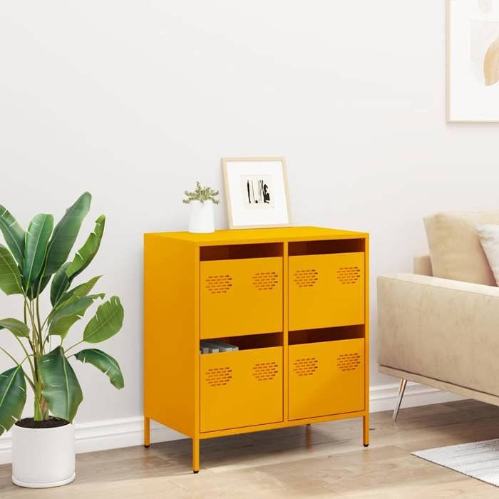 (15856)Commode - contemporain - Buffet rangement - jaune moutarde 68x39x73 5 cm acier laminé à froid poid:23.74 kg