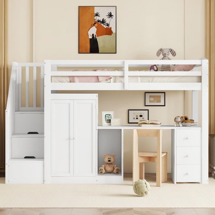 Lit Mezzanine 90x200cm - Lit Combiné Enfant avec Bureau Armoire Escalier de Rangement et Tiroirs - Bois de Pin et MDF - Blanc