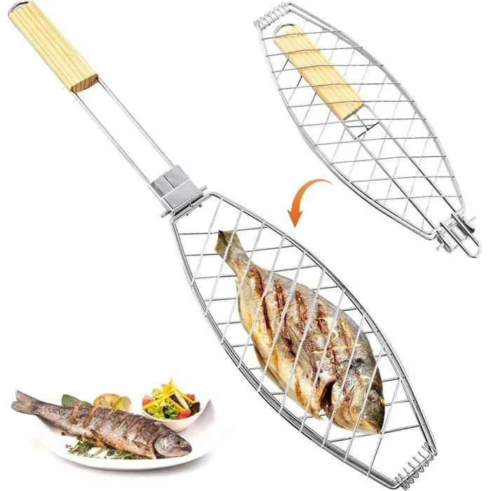 Grille Barbecue pour Poisson Panier à Rôtir Pliable Support Portable pour lExtérieur Accessoires de Grillade 63x12cm